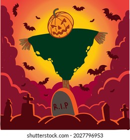 halloween pumpkin ghost vector illustration with horror background situation