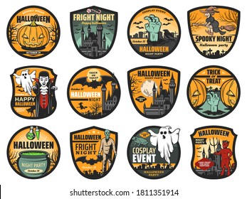 Halloween pumpkin, ghost and zombie vector badges. Horror night haunted houses with bats, moon and witch, Dracula vampire and trick or treat candies, devil demon and potion cauldron, Halloween themes