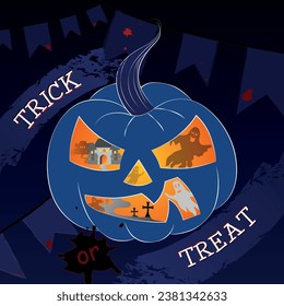 Halloween pumpkin with ghosts, an ancient castle and graves on a dark blue background with flags. Vector illustration is perfect for invitations, banners, flyers, etc.