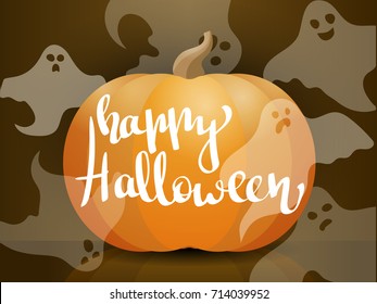 Halloween Pumpkin with Ghosts around and inscription Happy Halloween. Vector Illustration