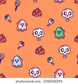 Halloween pumpkin, ghosts, eye, candy, scull. Hand drawn 
pattern. Vector illustration.
