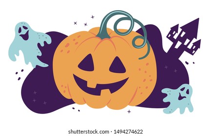 Halloween. Pumpkin and ghosts. Vector illustration in cartoon and flat style.