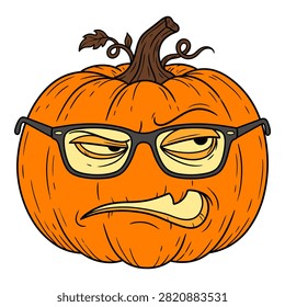 Halloween pumpkin with glasses, a grumpy, furrowed brow, and a displeased mouth, showing a sour mood.