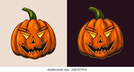 Halloween pumpkin with glowing eyes and grinning smile, scary grimace. Stylization for female face with eyelashes, eyebrows. Vector illustration isolated on a white and black background.