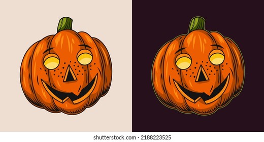 Halloween pumpkin with glowing eyes and happy smile. Stylization for happy child's face face with freckles. Vector illustration isolated on a white and black background.