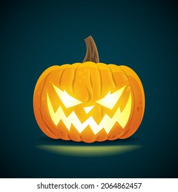 A Halloween pumpkin with glowing eyes, mouth, and nose is on a dark background. Vector illustration.