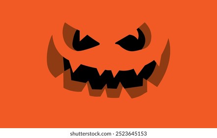 Halloween pumpkin glowing face on black and orange background. Close up view of a funny and scary pumpkin face with eyes and mouth. Design for holiday poster, invitations and greeting cards.