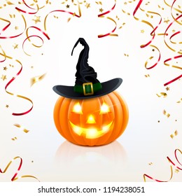 Halloween pumpkin with golden confetti on a light background