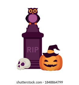 halloween pumpkin with grave and owl vector illustration design
