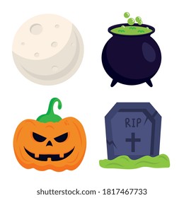 halloween pumpkin grave witch bowl and moon design, happy holiday and scary theme Vector illustration