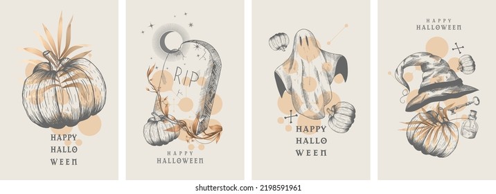 Halloween  Pumpkin  Gravestone  Ghost  Witch hat  Set vector hand drawn illustrations  Tattoos  engraving style 