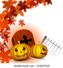 Halloween pumpkin with gravestone on autumn leaves background. EPS 10.