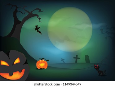 Halloween pumpkin and a graveyard with full moon in the dark night,Halloween day celebration concept,vector illustration design,eps10.