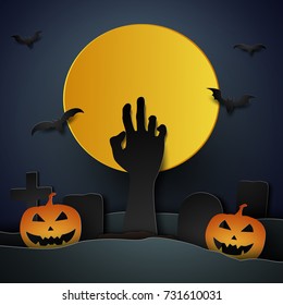 Halloween with pumpkin and graveyard in the moon , paper art style