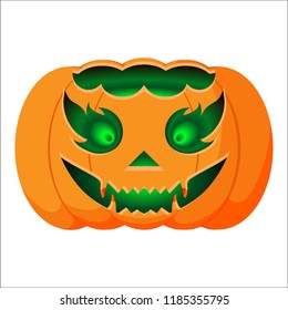 Halloween Pumpkin with green fire eyes and vampire smile