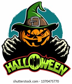 Halloween pumpkin with the green hat and skeleton hands. Halloween vector illustration.