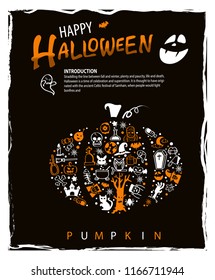 halloween pumpkin greeting card or poster with icons illustration, set vector