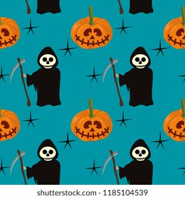 Halloween pumpkin and grim reaper childish seamless pattern. vector illustration for fashion textile print and wrapping with festive design.
