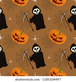 Halloween pumpkin and grim reaper seamless pattern. vector illustration for fashion textile print and wrapping with festive design.