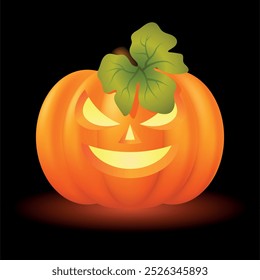 Halloween Kürbis mit einem Grinsen im Gesicht. Jack-o'-Laterne. Schwarzer Hintergrund. Vektorgrafik.