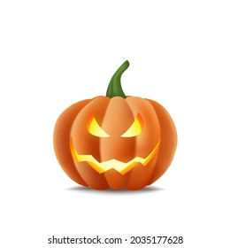 Halloween pumpkin grinning with fire light inside. Realistic Halloween pumpkin with scary smile.isolated vector illustration of jack o lantern pumpkin on white background for Halloween decorate.