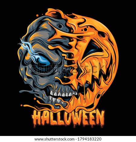 Halloween pumpkin half skull, looks spooky and cool. editable layers vector artwork