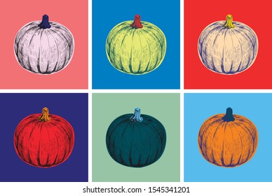 Halloween Pumpkin Hand Drawing Vector Illustration. Pop Art Style. Andy Warhol. Modern art