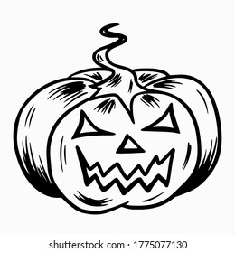 Halloween pumpkin. Hand drawn doodle symbol of All Saints Day. A large pumpkin with a tail and cut eyes and a grin of mouth. Stock vector black outline illustration isolated on white background.