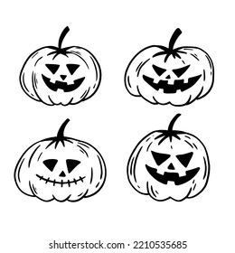 Halloween pumpkin hand drawn icons set. Vintage funny pumpkins isolated on white background. Monsters faces.