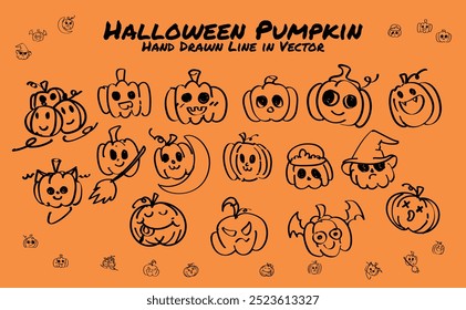 Linha desenhada à mão de abóbora de Halloween no vetor