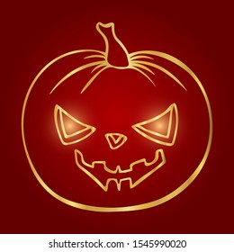Halloween pumpkin hand drawn outline shining bright gold or red background. Happy Halloween holiday cute character. Greeting card, banner, party invitation design. Vector illustration