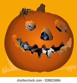 Halloween Pumpkin.
Hand drawn vector illustration of a carved Halloween pumpkin holding inside a spooky Halloween world.