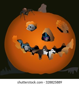 Halloween Pumpkin.
Hand drawn vector illustration of a carved Halloween pumpkin holding inside a spooky Halloween world.
