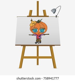 Halloween pumpkin. Hand drawn vector stock illustration on easel