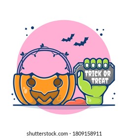 Halloween Pumpkin and Hand Zombie Vector Illustration. Hand Zombie Holding Stone Concept. Flat Cartoon Style Suitable for Sticker, Wallpaper, Icon, Landing Page, Web.