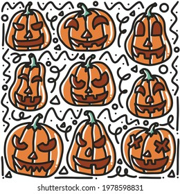 Halloween pumpkin hand-drawn doodle art design elements illustration. Illustration of a set of Halloween pumpkins