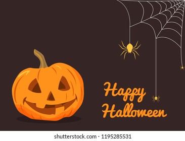 Halloween pumpkin with hanging spiders and web. Halloween party. Vector illustration