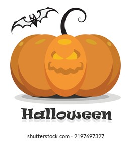 Halloween pumpkin with happy face and black bat on white background. Isolated flat vector cartoon Illustration for the holiday Hollaween. jack o lantern
