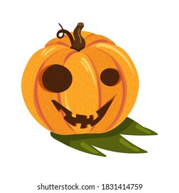 Halloween pumpkin with happy face isolated on white background. Cute element for party decoration, shopping sale event or web design. Vector cartoon Illustration
