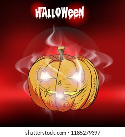 Halloween pumpkin with happy face on red background. Vector cartoon Illustration.