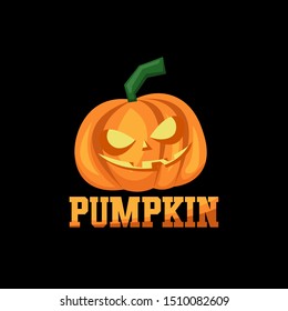 Halloween pumpkin with happy face on dark background. Vector cartoon Illustration.