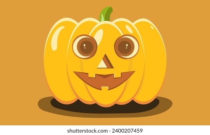 halloween pumpkin with happy face on yellow background. Happy Halloween. 