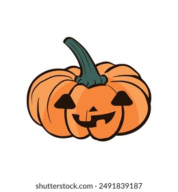 Halloween pumpkin with happy face on dark background. Vector cartoon Illustration.