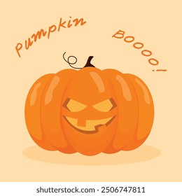 Halloween Pumpkin with Happy Face on Orange Background. Vector Cartoon Illustration.