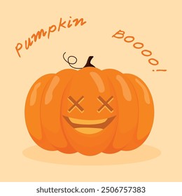 Halloween Pumpkin with Happy Face on Orange Background. Vector Cartoon Illustration.