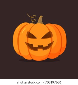 Halloween pumpkin with happy face on dark background. Vector cartoon Illustration.