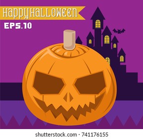 Halloween pumpkin with happy face on dark background. Vector cartoon Illustration.