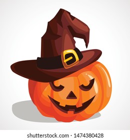 Halloween pumpkin with happy face in witch hat. Vector cartoon Illustration.