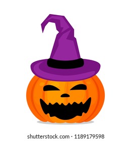 Halloween pumpkin with a happy face in the witch's slag. vector illustration isolated on white background in a cartoon style.