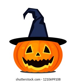 Halloween pumpkin with a happy face in the witch's slag. vector illustration isolated on white background in a cartoon style.